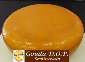 Rueda entera de queso semicurado, queso Gouda artesano D.O.P. de holandés. Gouda de granja, elaborado con leche cruda de vaca