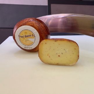 Craxi.HI355 Queso hierbas ibéricas medio kilo, pequeña rueda de queso gouda de granja de leche cruda de vaca, queso gouda Holandés artesano con hierbas ibéricas, peso de rueda 500gr.