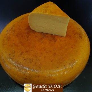 Rueda grande de queso Gouda artesanal de granja holandés elaborado con leche cruda de vaca. Queso curado 12 meses.