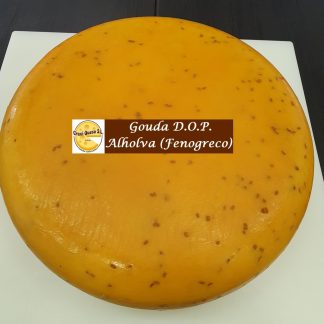 Rueda grande (12 kilo) de queso con alholva (fenogreco) , queso Gouda artesanal de granja holandés elaborado con leche cruda de vaca.