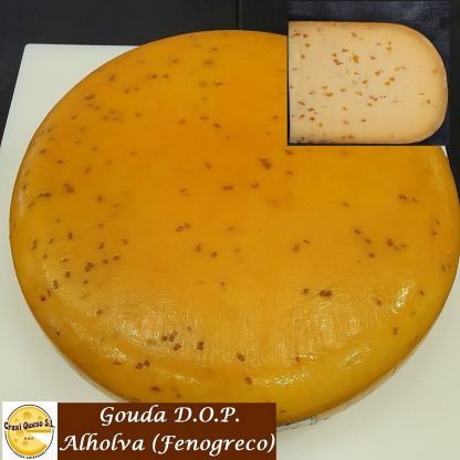 queso con alholva, este queso Gouda holandés está hecho de leche de vaca (cruda)