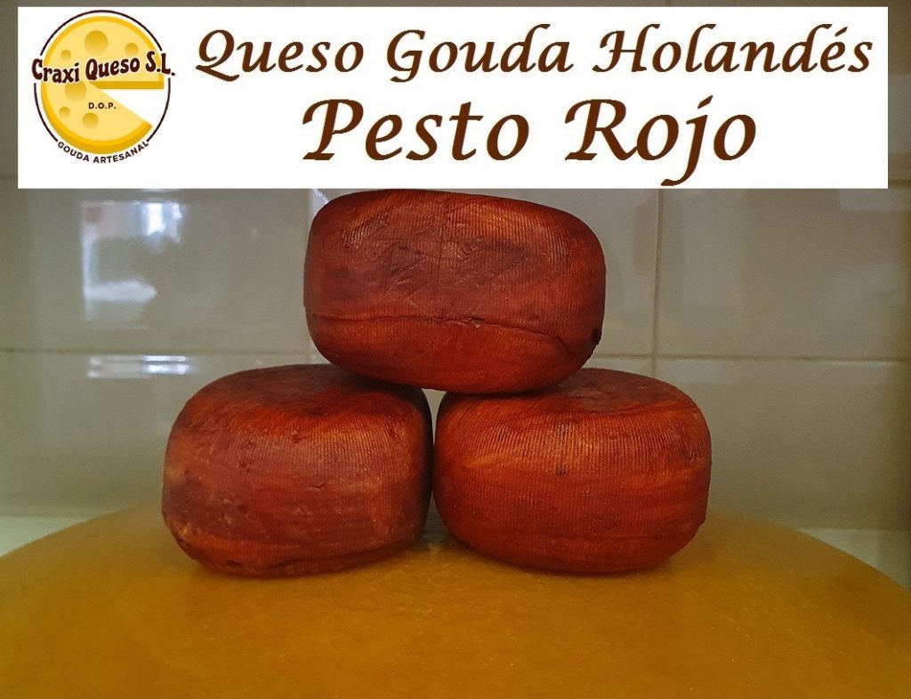 El precio por nuestro queso rojo. Por sólo 9,60€ cada uno podrás comprar este delicioso pequeño queso Gouda artesano con hierbas de pesto rojo, queso de leche cruda de vaca