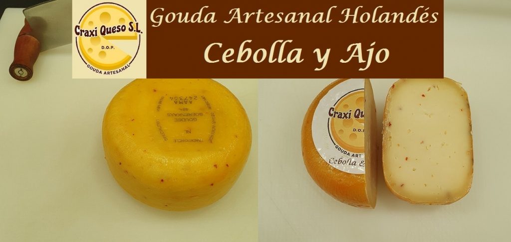 Variedades de queso gouda artesanal con hierbas de Craxi: este sabroso queso con ajo está elaborado con leche cruda de vaca