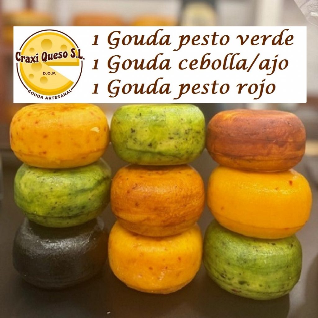 Goudalicioso pack de queso 3. Surtido de quesos Gouda artesanales con hierbas y especias. Gouda pesto verde, Gouda cebolla/ajo y Gouda pesto rojo. Craxi Queso - Queso Gouda Artesanal Holandés, Málaga, España