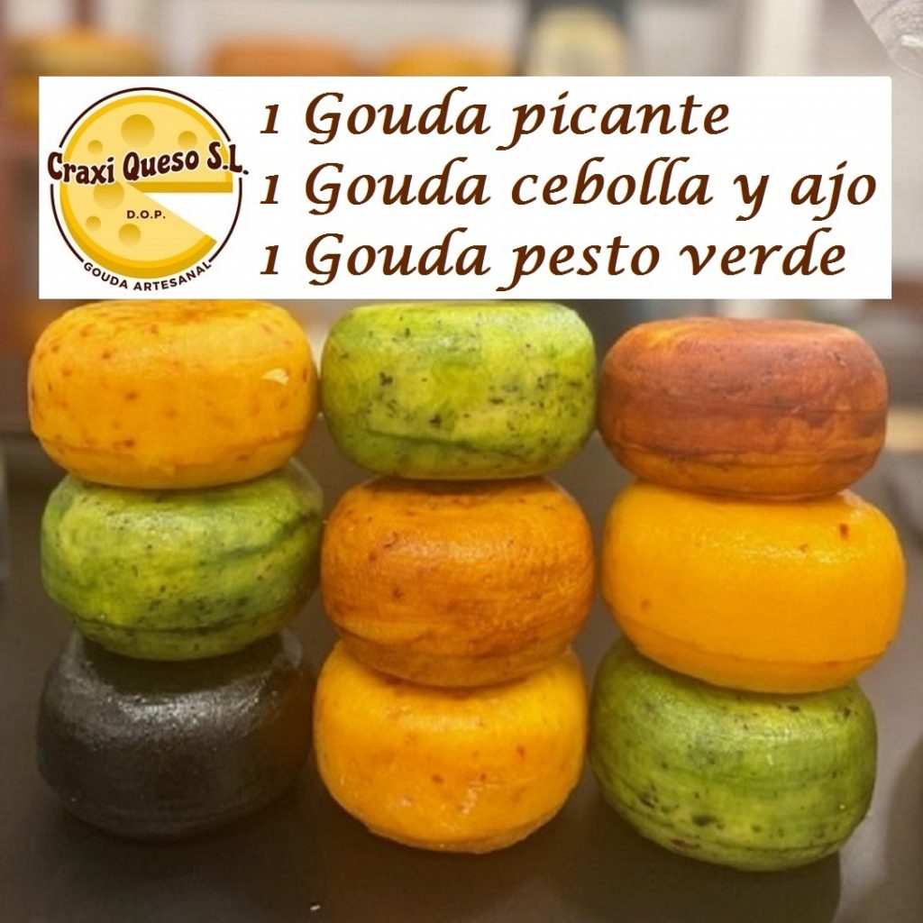 Goudalicioso pack de queso 4. Surtido de quesos Gouda artesanales con hierbas y especias. Gouda picante, Gouda cebolla/ajo y Gouda pesto verde. Craxi Queso - Queso Gouda Artesanal Holandés, Málaga, España