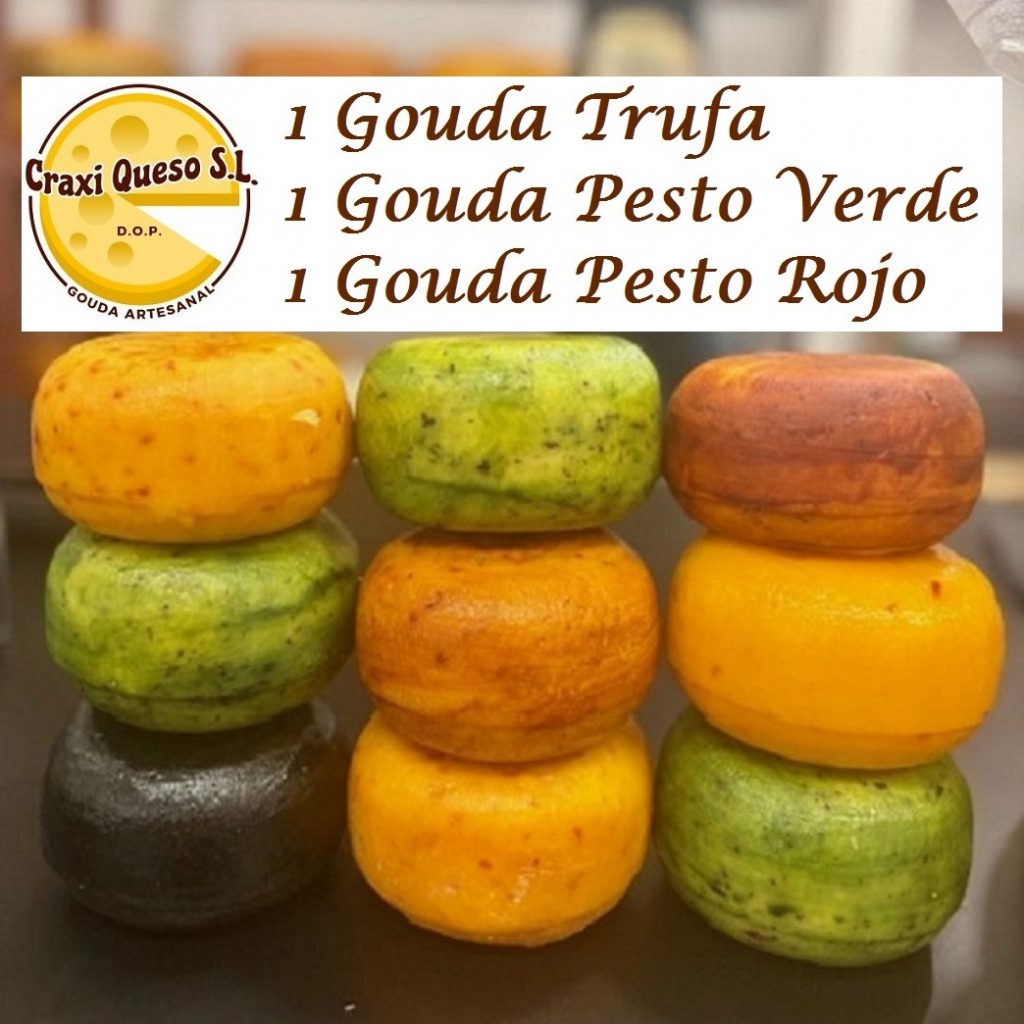 Precio del pack de degustación de quesos n.° 1. El pack 1 incluye: 1 Gouda con trufa, 1 Gouda con pesto verde y 1 Gouda con pesto rojo. Precio: 30 €.