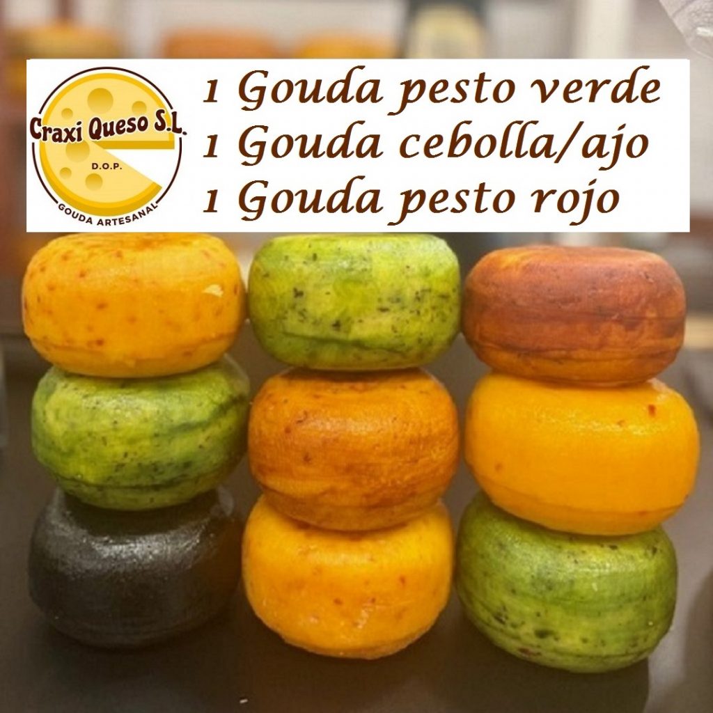 Queso pack 3. Lote degustación quesos de vaca artesanos incluye: 1 x Gouda pesto verde, 1 x Gouda cebolla/ajo y 1 x Gouda pesto rojo.