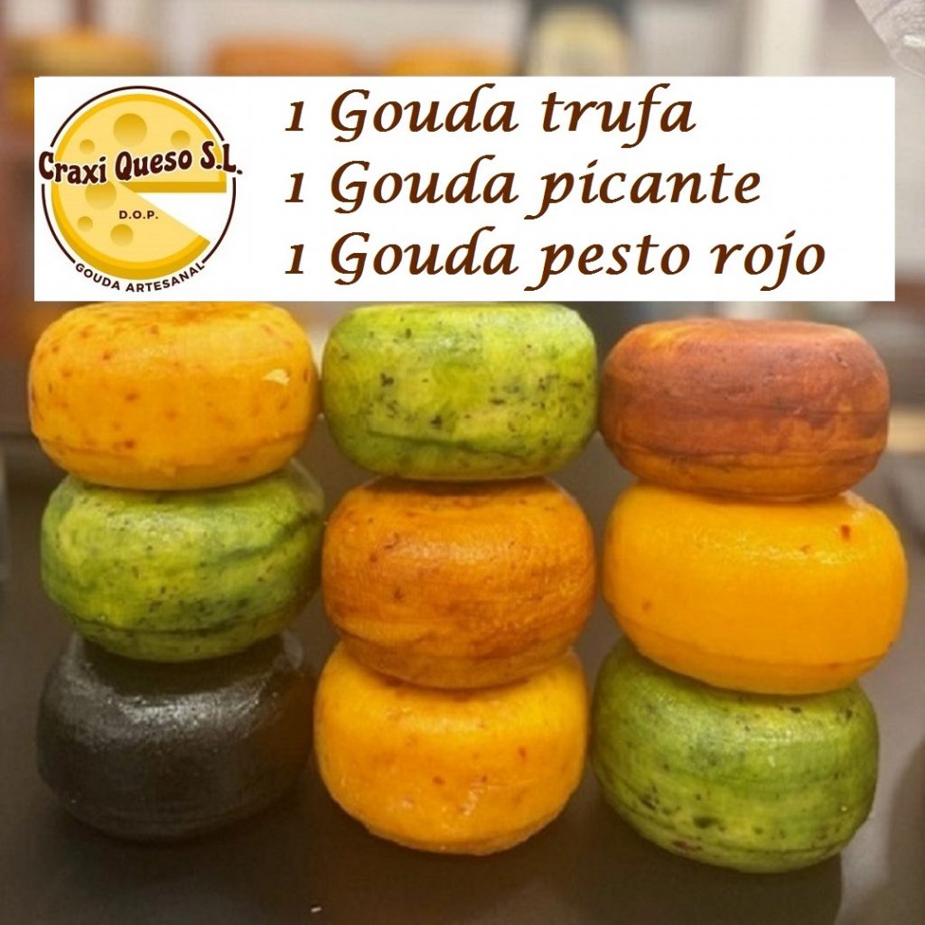 Gouda pack con quesos Gouda de leche de vaca artesanales con sabores. Pack n.º 5: 1 x Gouda con trufa - 1 x Gouda Picante - 1 x Gouda con Pesto Rojo