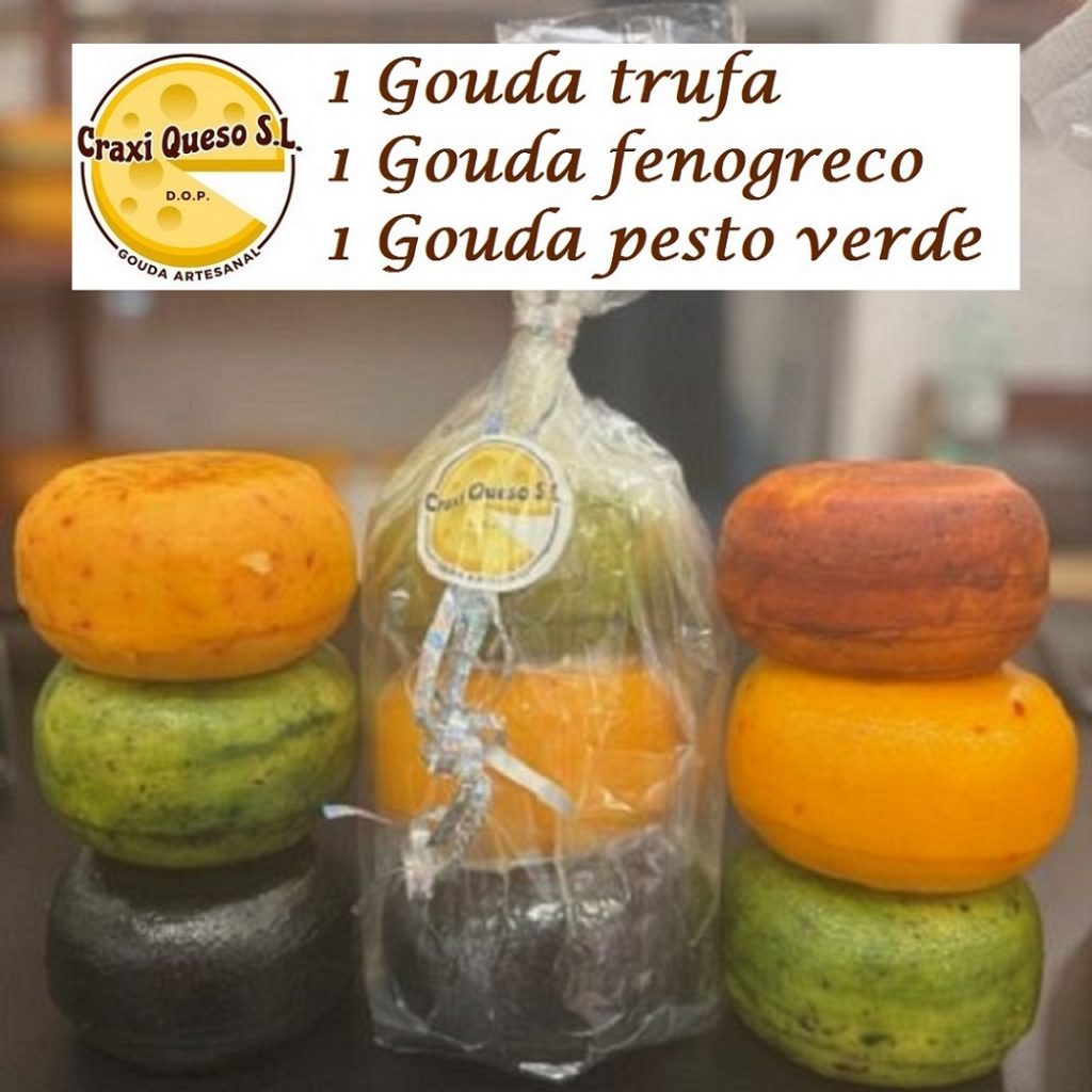 Trío de quesos Gouda con sabores. Gouda artesano de Craxi con trufa, fenogreco y pesto verde