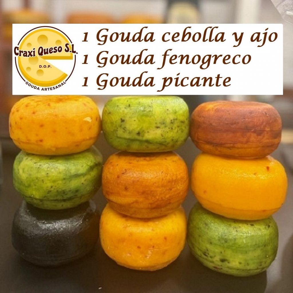 3 quesos artesanales holandeses de Craxi con sabores únicos: Gouda con cebolla y ajo, Gouda con fenogreco y Gouda con chile picante.