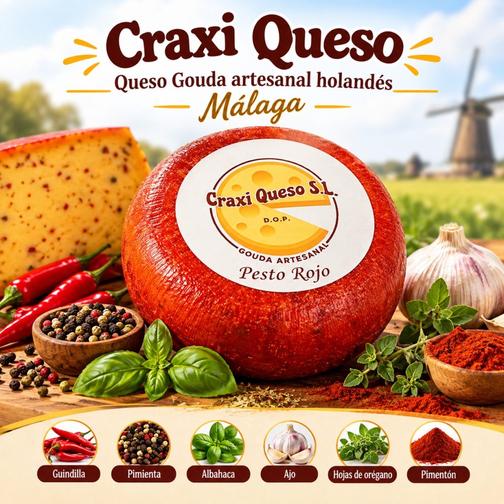 Pieza de queso Gouda artesanal de vaca con pesto rojo, guindilla, pimienta, albahaca, ajo, hojas de orégano y pimentón. Precio: 11,60 €.