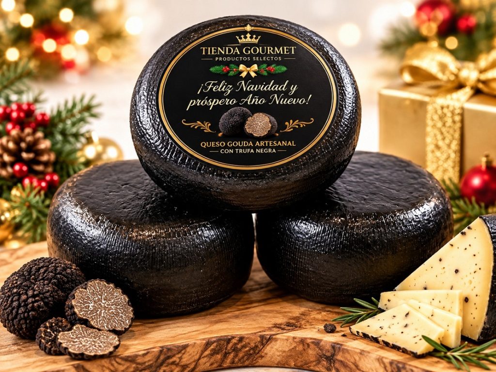 Queso Gouda holandés artesanal con trufa negra, personalizado con logotipo para regalos corporativos de Navidad y Año Nuevo.