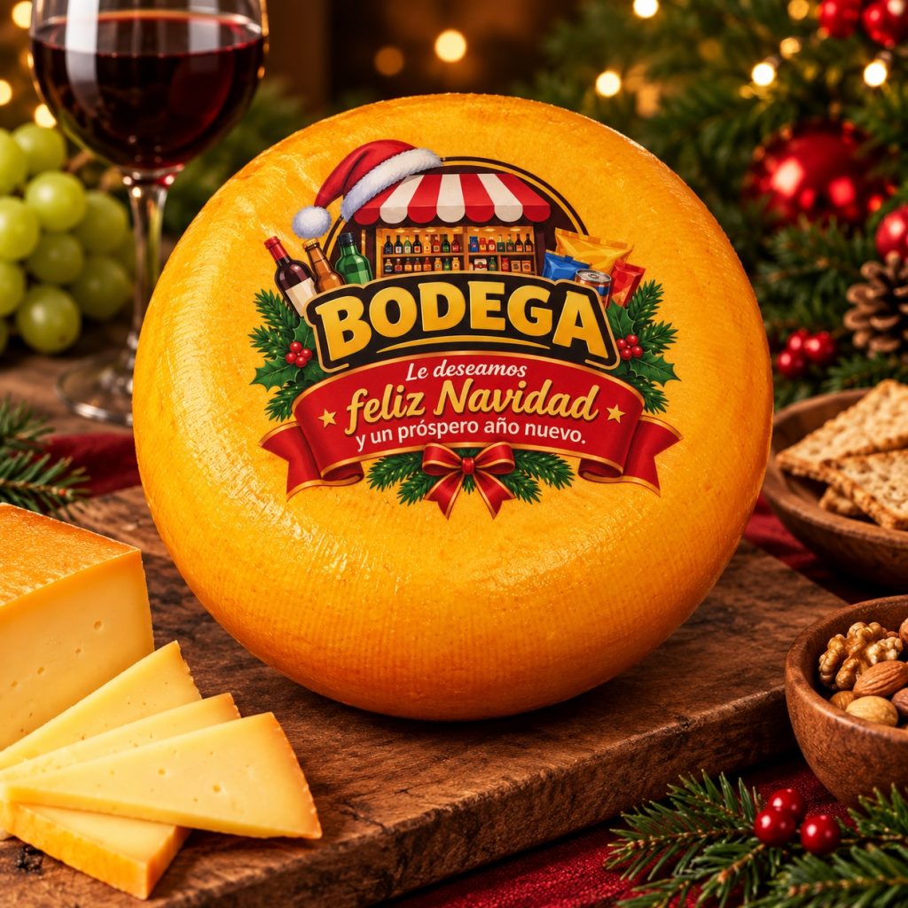 Regalos gastronómicos gourmet para empresas. Queso Gouda personalizado con el logotipo de su empresa y felicitaciones de Navidad y Año Nuevo.